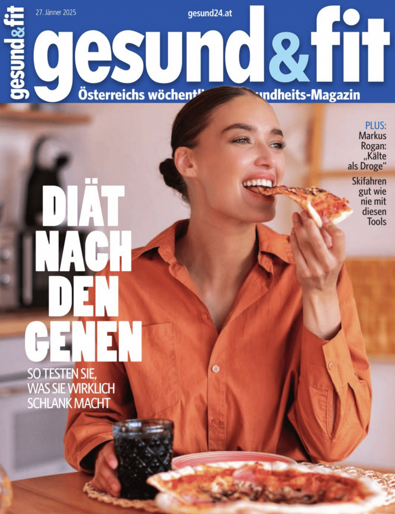 Titelbild des Magazins „Gesund & Fit“ mit einer Frau, die Pizza isst, und der Schlagzeile „Diät nach den Genen“.