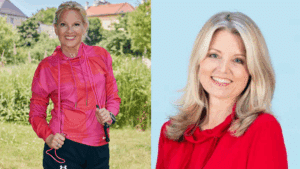 Zwei lächelnde Frauen: Beatrice Drach in sportlicher Kleidung mit Springseil im Grünen und Sasha Walleczek in roter Bluse vor hellblauem Hintergrund.