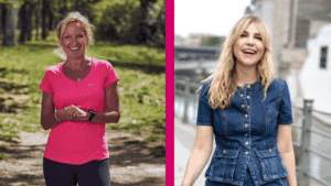Zwei Frauen lächeln in die Kamera. Links steht Beatrice Drach in Sportkleidung in einem Park, rechts Stephanie Neubert, Gründerin des HEYDAY Magazins, in einem Jeanskleid an einem Stadtfluss.