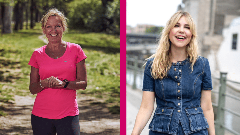 Zwei Frauen lächeln in die Kamera. Links steht Beatrice Drach in Sportkleidung in einem Park, rechts Stephanie Neubert, Gründerin des HEYDAY Magazins, in einem Jeanskleid an einem Stadtfluss.