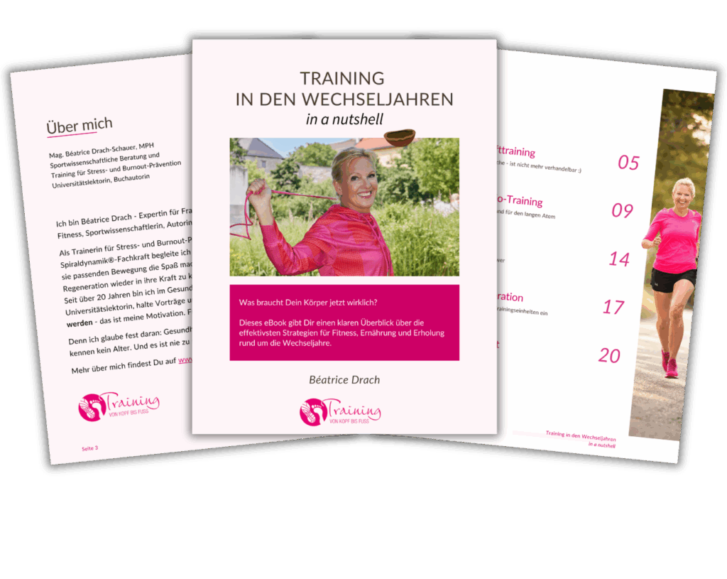 Mockup des eBooks „Training in den Wechseljahren – in a nutshell“ von Béatrice Drach, mit Cover, Inhaltsverzeichnis und „Über mich“-Seite sichtbar.
