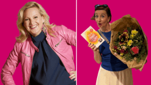 Beatrice Drach mit pinker Lederjacke und Katrin Simonsen mit Blumenstrauß und Buch "Hot Stuff" vor pinkem Hintergrund