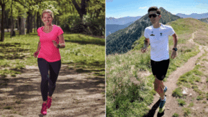 Beatrice Drach joggt lachend durch einen sonnigen Park mit grünem Baumbestand. Rechts läuft Dr. Robert Fritz auf einem schmalen Bergpfad mit beeindruckender Alpenkulisse im Hintergrund.
