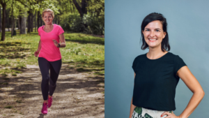 Beatrice Drach beim Laufen im Park und Kathrin Widu vom Vienna City Marathon in einem Portraitfoto.