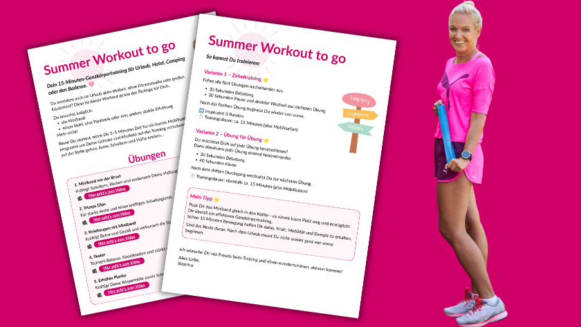 Mockup des kostenlosen Sommertraining-PDFs 'Summer Workout to go' von Béatrice Drach mit Trainerin im pinken Sportoutfit und Miniband, Fitness für Frauen ab 45 und in den Wechseljahren