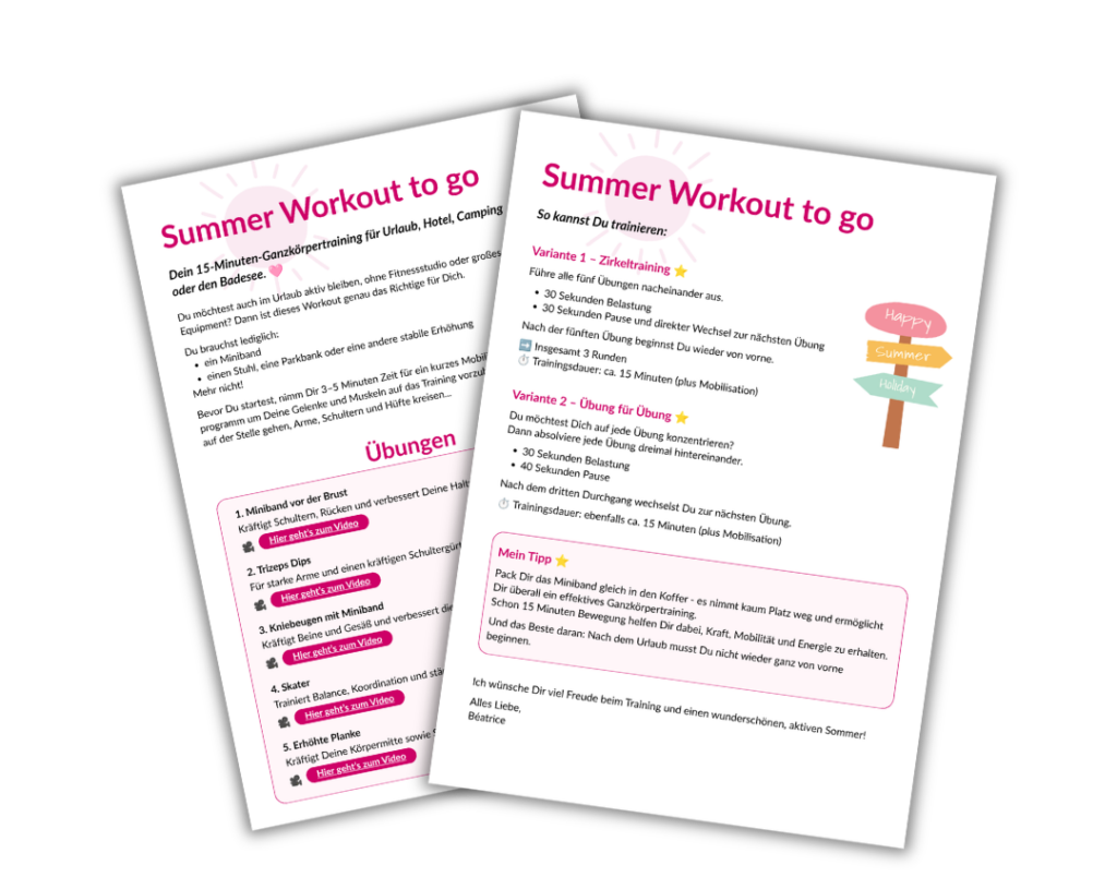 noch ein Mockup des kostenlosen Sommertraining-PDFs 'Summer Workout to go' von Béatrice Drach mit Trainerin im pinken Sportoutfit und Miniband, Fitness für Frauen ab 45 und in den Wechseljahren