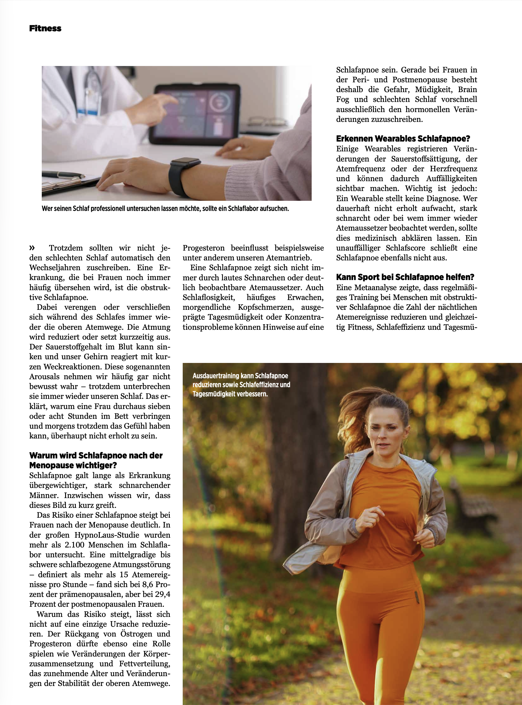Artikelseite von Béatrice Drach-Schauer über Schlafapnoe bei Frauen nach der Menopause, mit Foto einer Läuferin im Herbstpark
