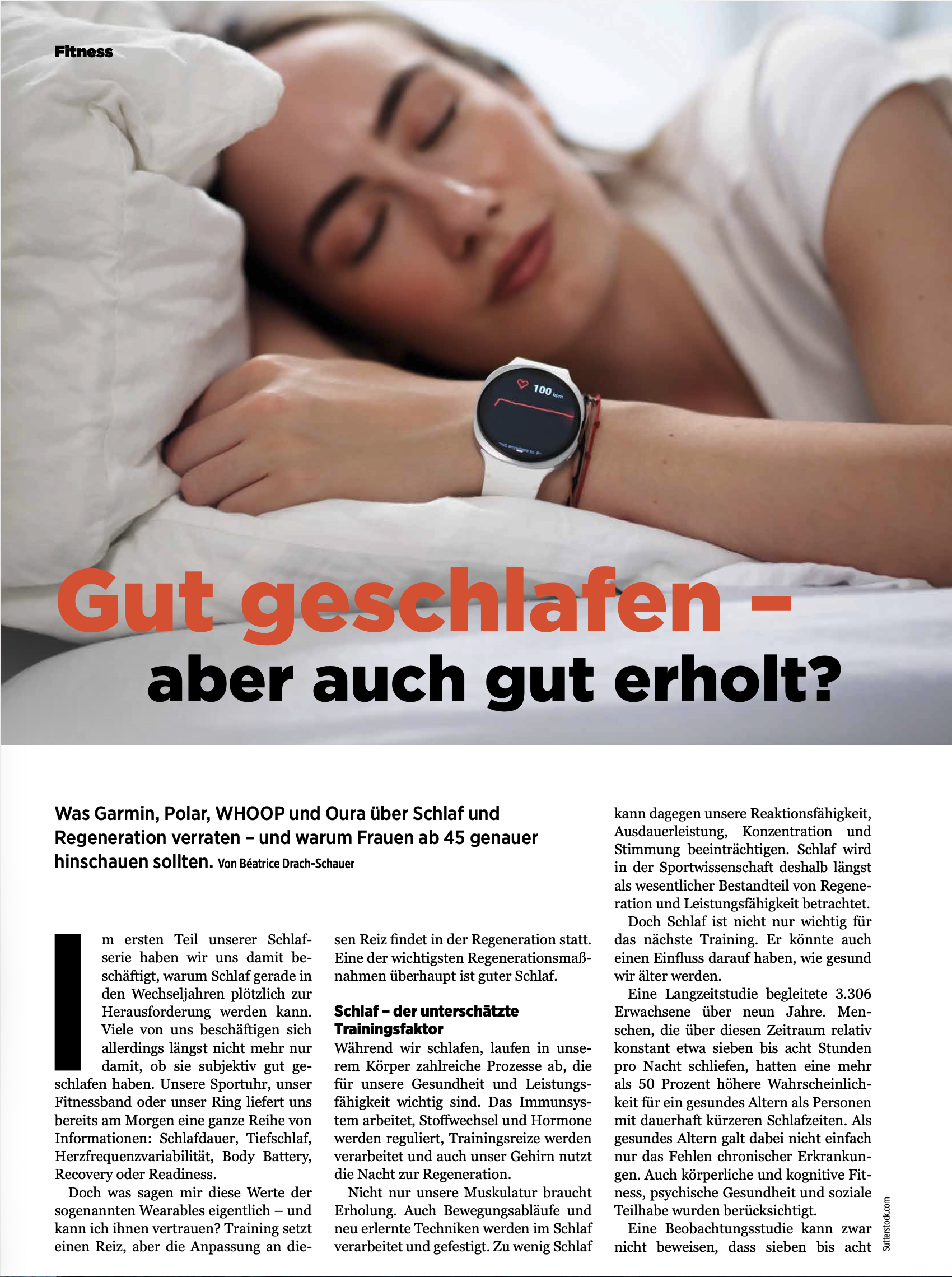 Magazinseite „Gut geschlafen – aber auch gut erholt?“ von Béatrice Drach-Schauer über Wearables, Schlaf und Regeneration bei Frauen ab 45