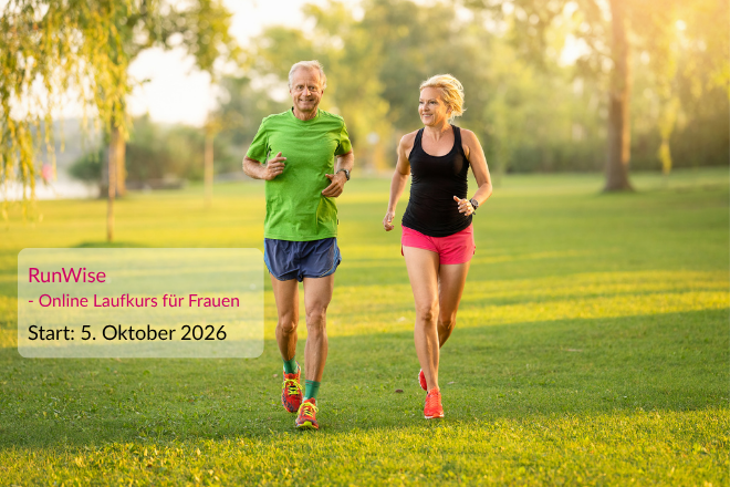 Béatricex Drach und Johannes Drach joggen gemeinsam auf einer Wiese – Werbebild für RunWise Online Laufkurs für Frauen, Start 5. Oktober 2026