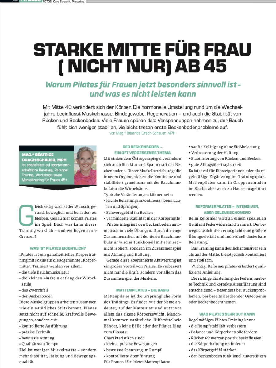Presse Artikel Magazin Fitness - Beatrice Drach Pilates Training für Frauen ab 45 zur Verbesserung von Beckenboden, Haltung und Rumpfstabilität