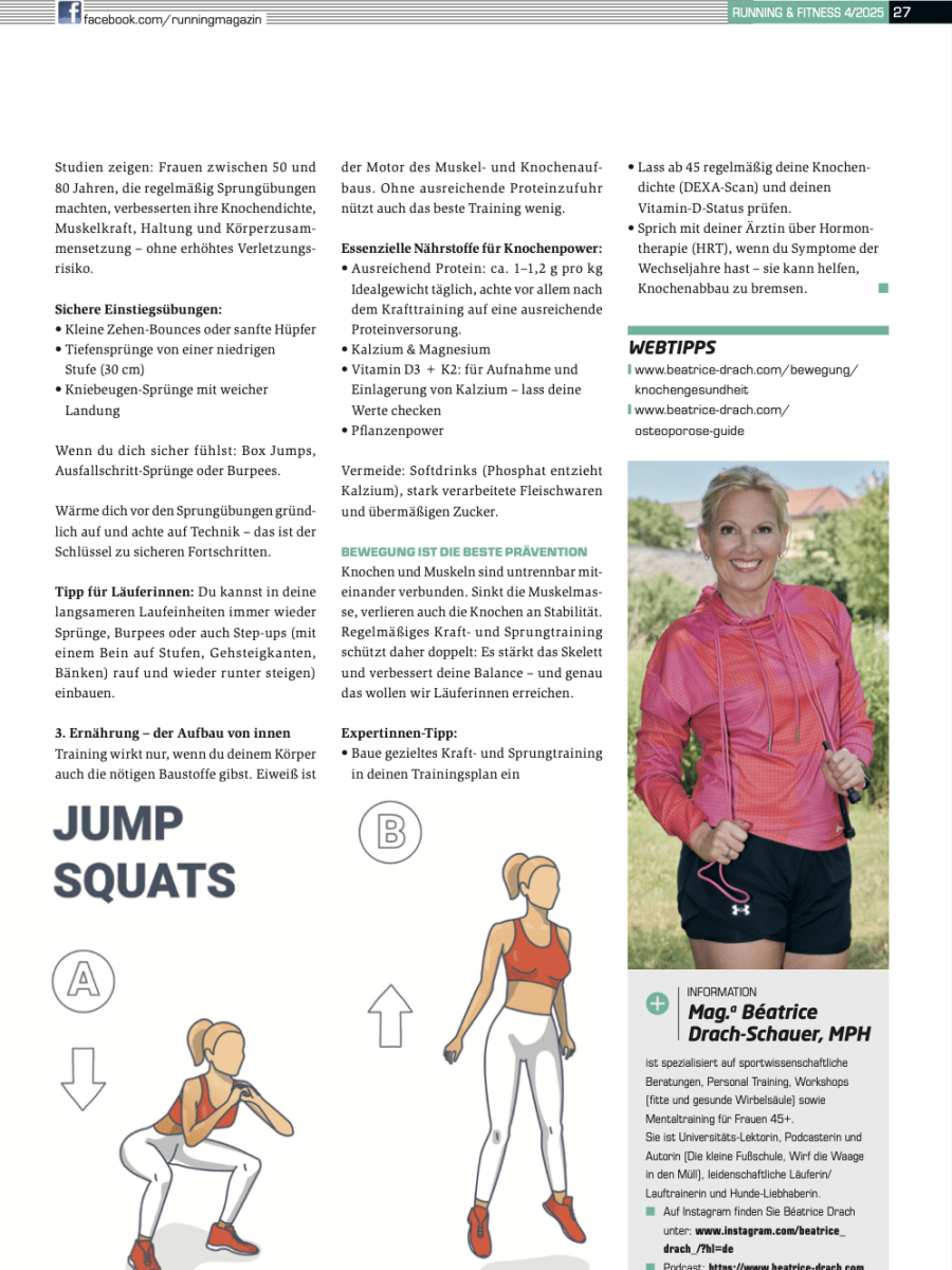 Illustration zu Jump Squats mit Anleitung, Tipps für Knochengesundheit bei Frauen über 45, Porträt von Béatrice Drach-Schauer in Sportkleidung
