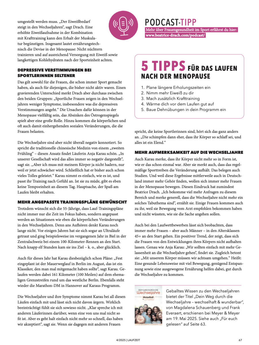 Magazinseite mit Tipps zum Laufen nach der Menopause, Podcast-Empfehlung und Informationen über Wechseljahre, Sport und mentale Gesundheit bei Frauen 45+.