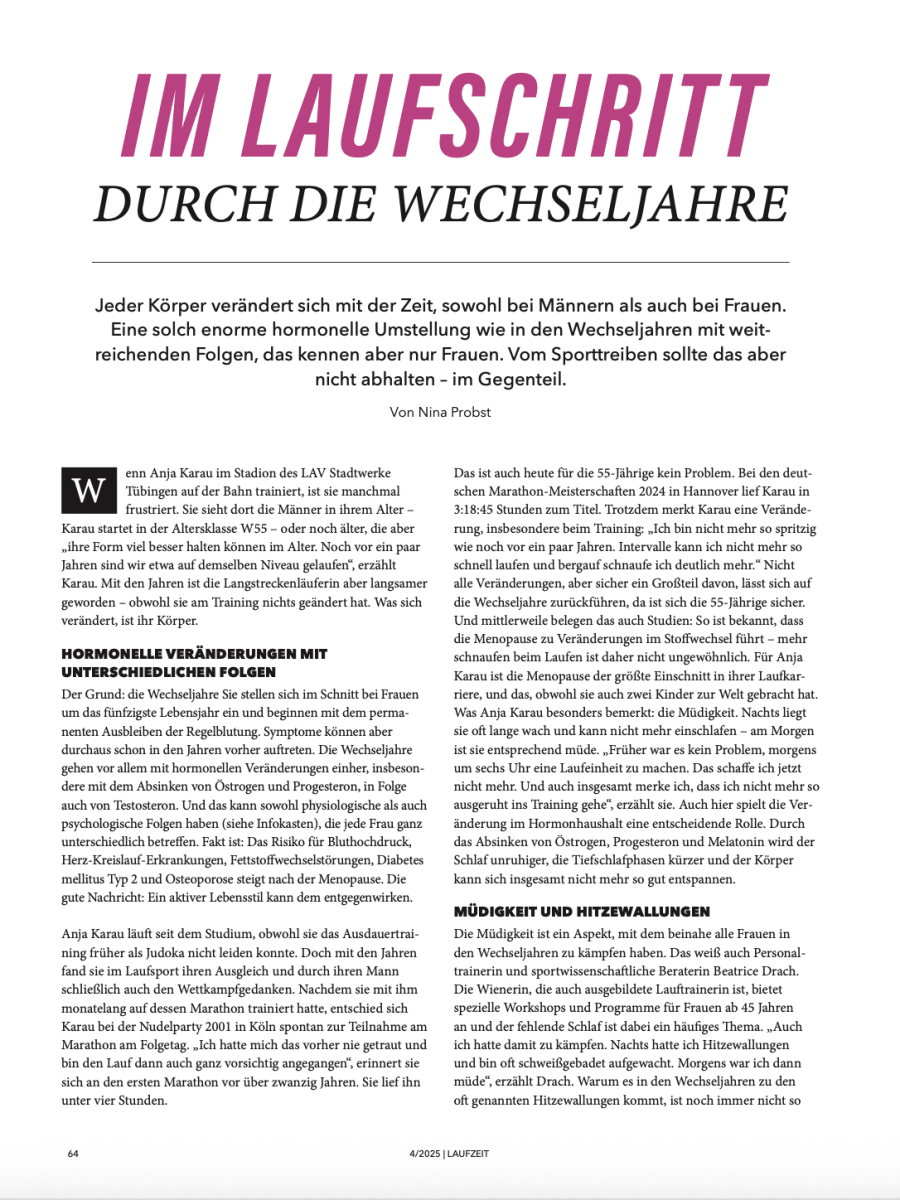 Magazinseite mit dem Titel „Im Laufschritt durch die Wechseljahre“ über Frauenfitness ab 45, hormonelle Veränderungen und die Rolle von Bewegung während der Menopause.